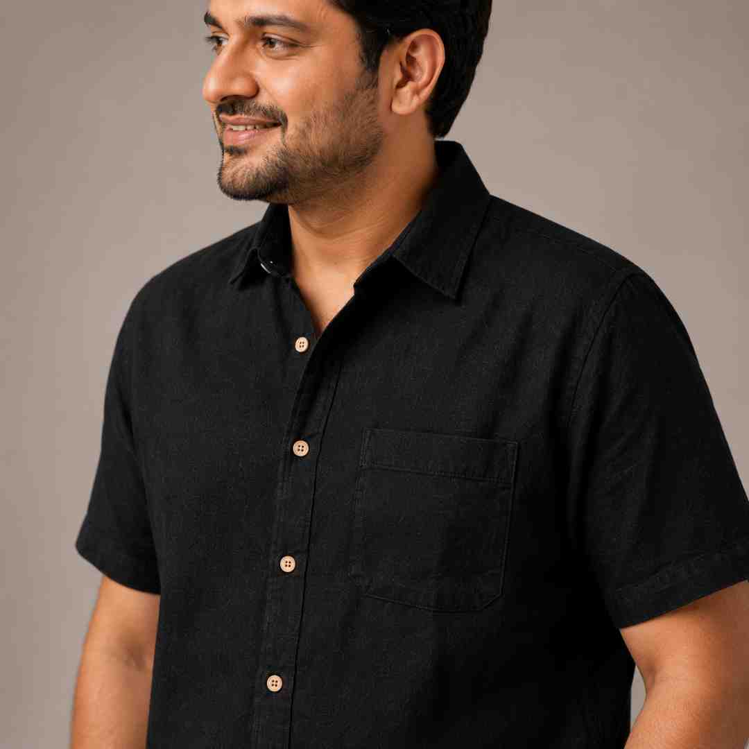 Linen Half-Sleeve Regular Collar Shirt for Men- Black