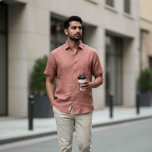 Linen Half-Sleeve Regular Collar Shirt for Men- Copper