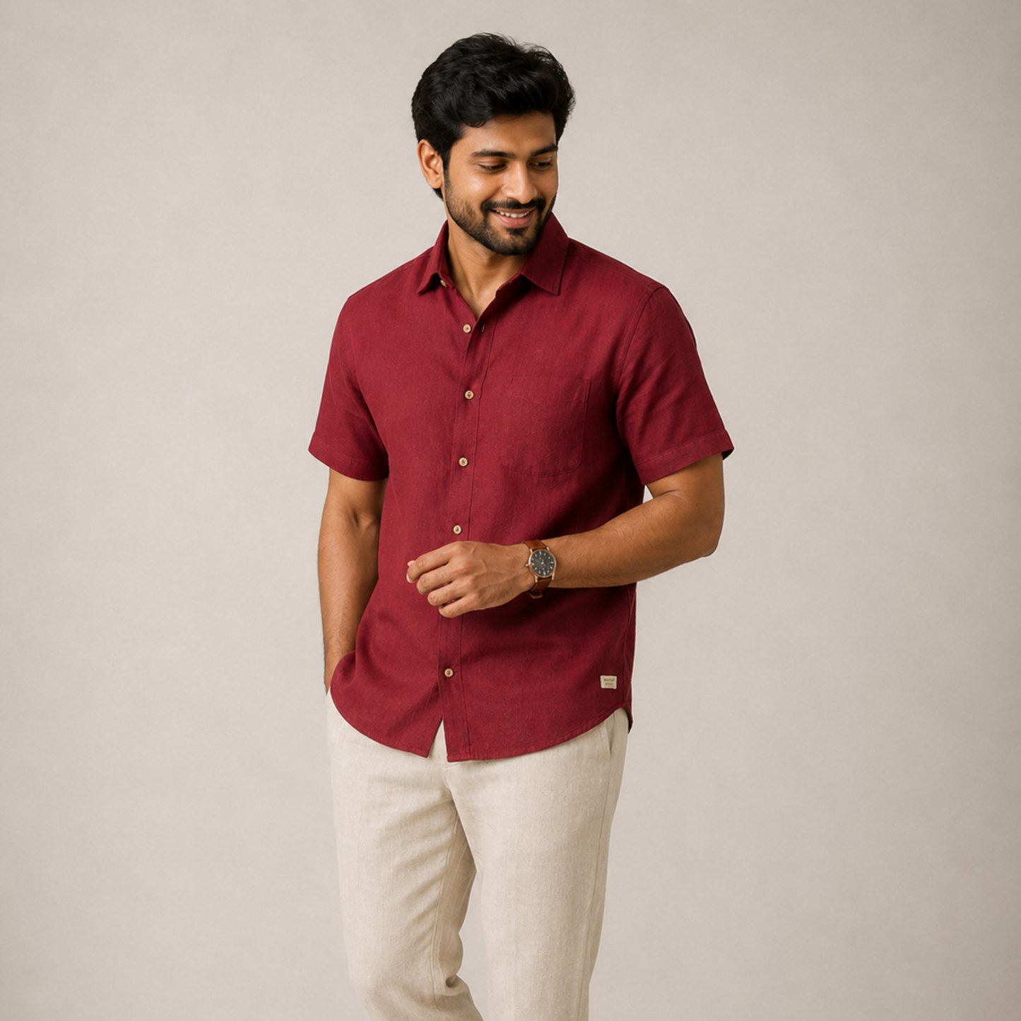 Linen Half-Sleeve Regular Collar Shirt for Men- Brick Red