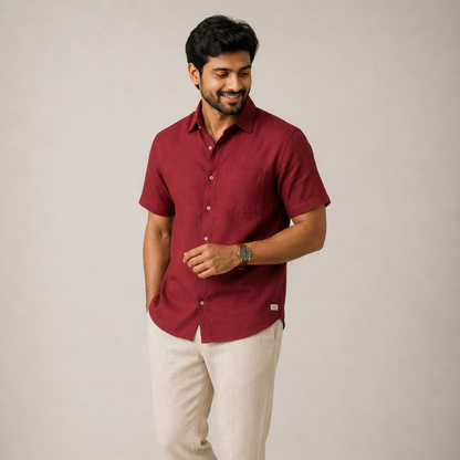 Linen Half-Sleeve Regular Collar Shirt for Men- Brick Red