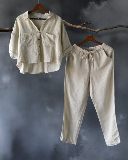 100% Premium Linen Co-ord Set Women- Relaxed Pant and Boxy Shirt