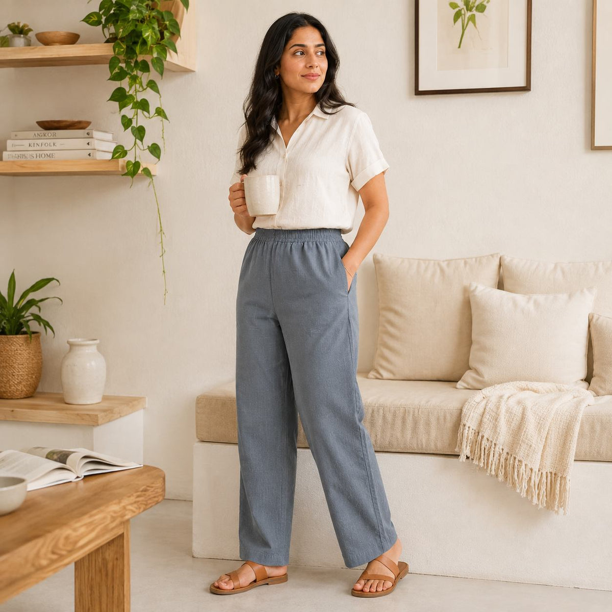Linen Relaxed Fit Pants for Women- Grey