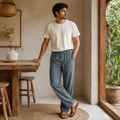 100% Pure Linen Relaxed Fit Pants for Men - Grey