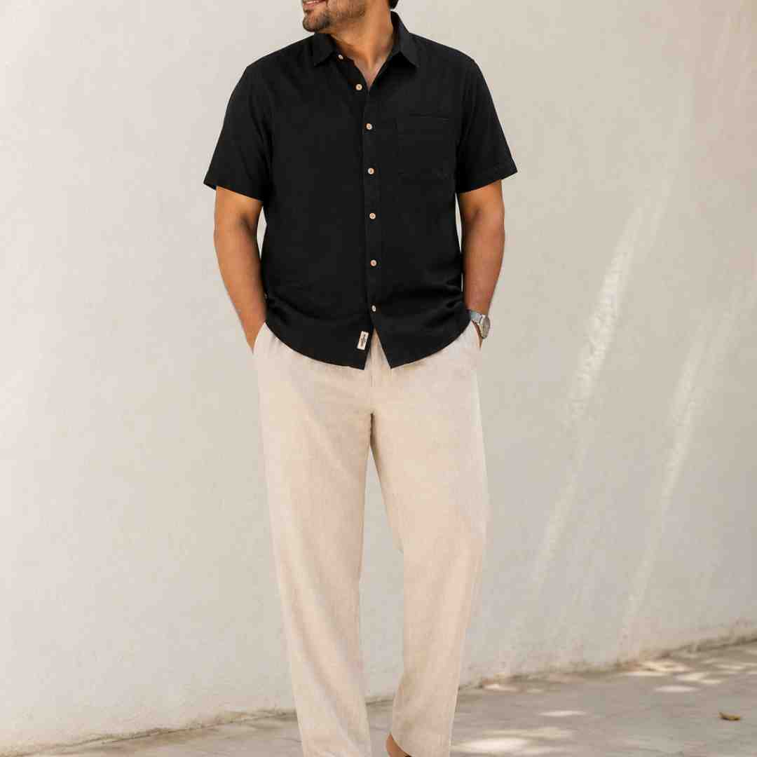 Linen Half-Sleeve Regular Collar Shirt for Men- Black