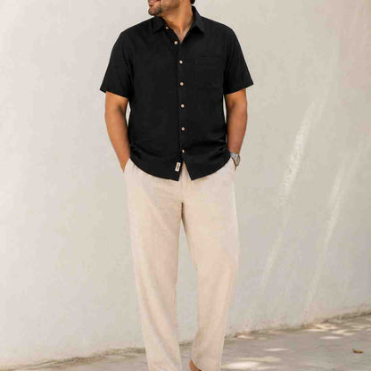 Linen Half-Sleeve Regular Collar Shirt for Men- Black
