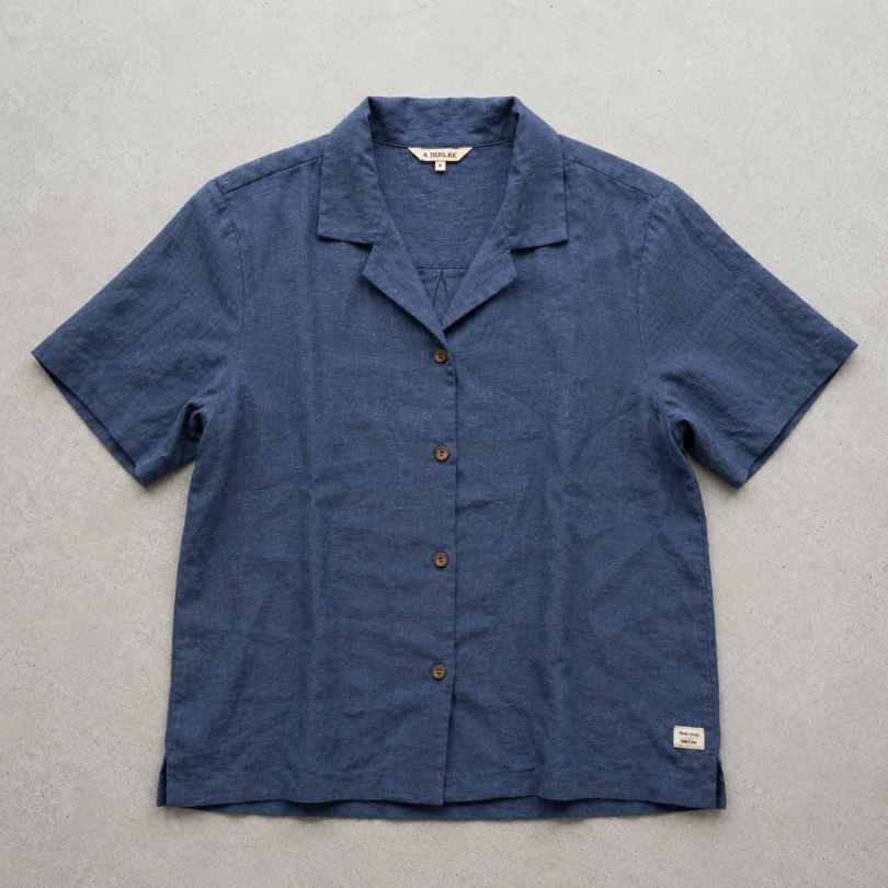 Open Collar Half Sleeve Linen Shirt - Women - Midnight Blue