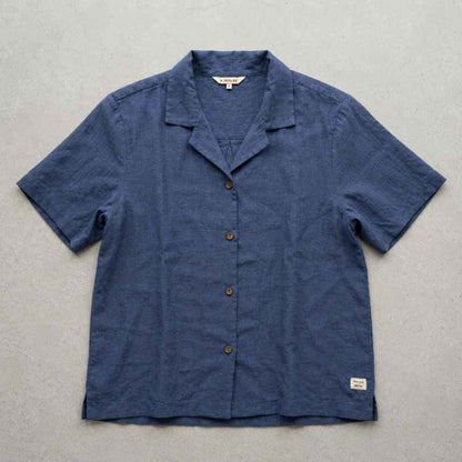 Open Collar Half Sleeve Linen Shirt - Women - Midnight Blue