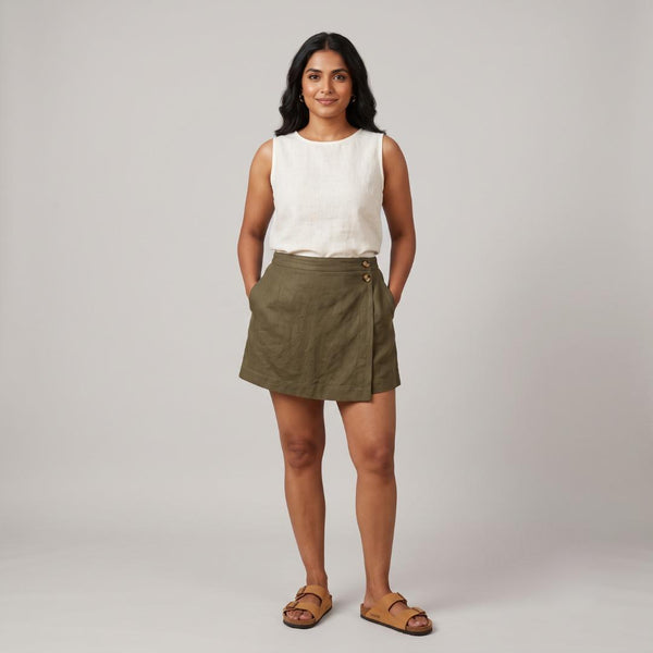 100% Pure Linen Skorts for Women with Pockets - Olive
