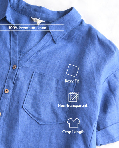 Oversize Boxy Crop Shirt - Women- 100% Premium Linen - Blue