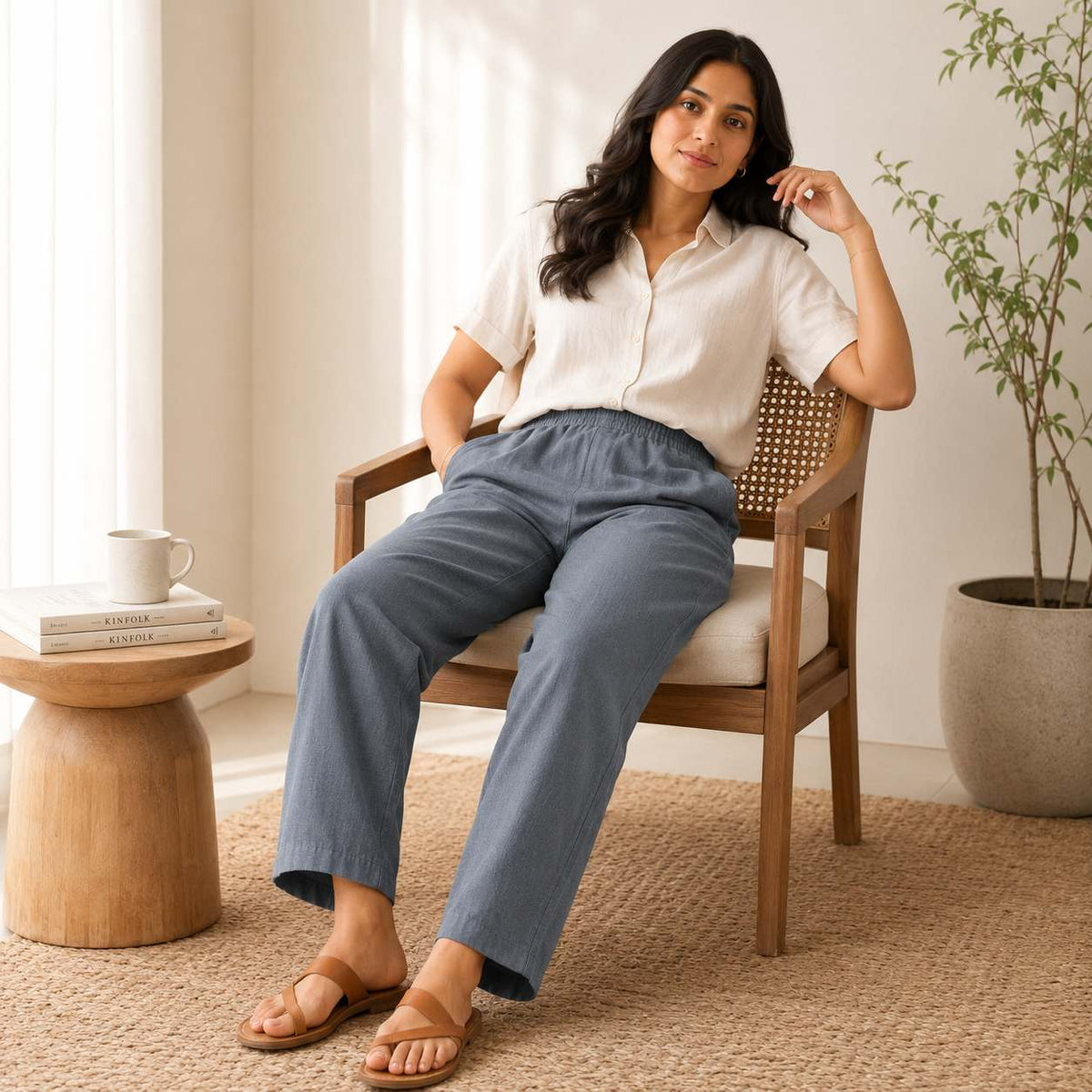 Linen Relaxed Fit Pants for Women- Grey