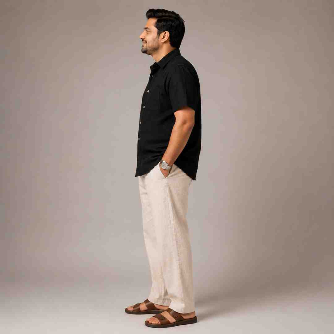 Linen Half-Sleeve Regular Collar Shirt for Men- Black