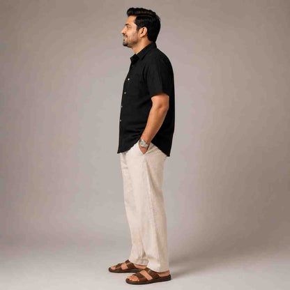 Linen Half-Sleeve Regular Collar Shirt for Men- Black