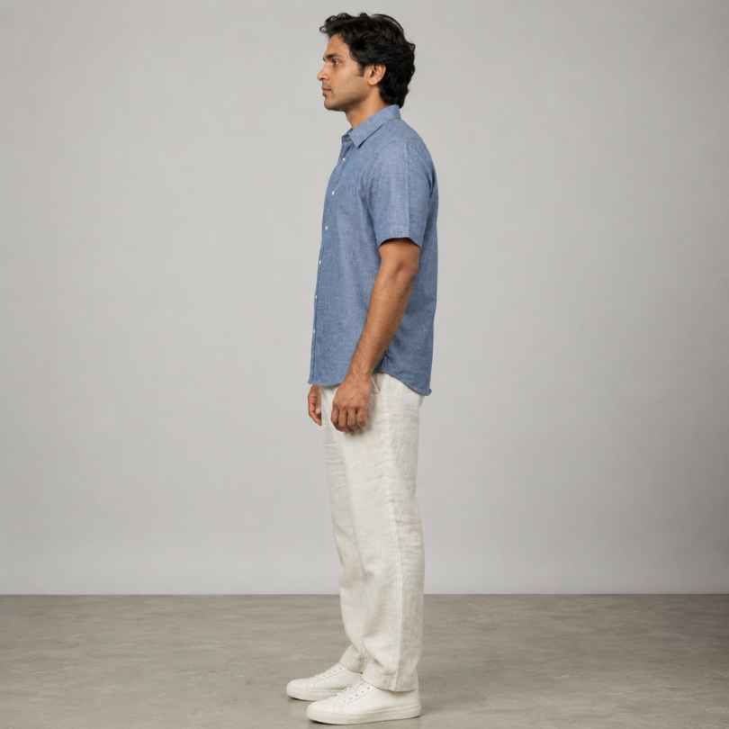 Linen Half-Sleeve Regular Collar Shirt for Men- Blue