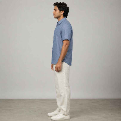 Linen Half-Sleeve Regular Collar Shirt for Men- Blue