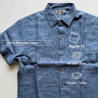 Linen Half-Sleeve Regular Collar Shirt for Men- Blue