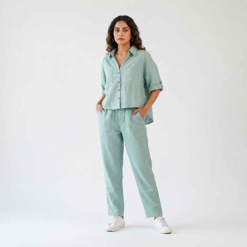 Linen Relaxed Co-ord Set for Women- Sage
