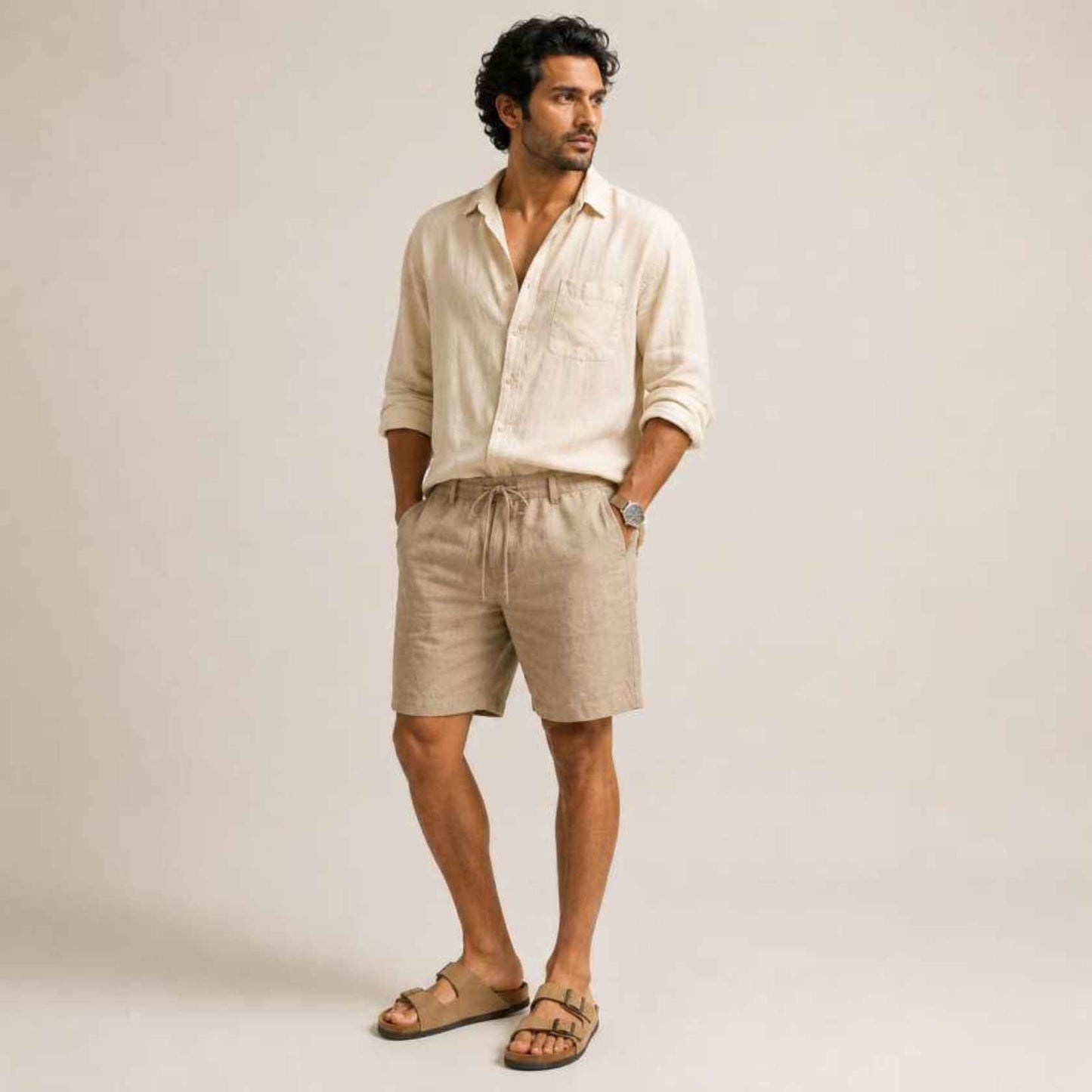 Linen Buttoned Shorts for Men- Taupe