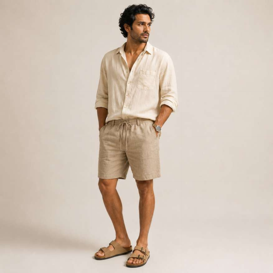 Linen Buttoned Shorts for Men- Taupe