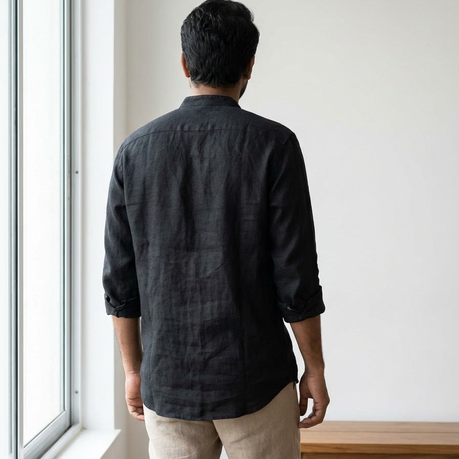 Linen Chinese Collar Shirt for Men- Black