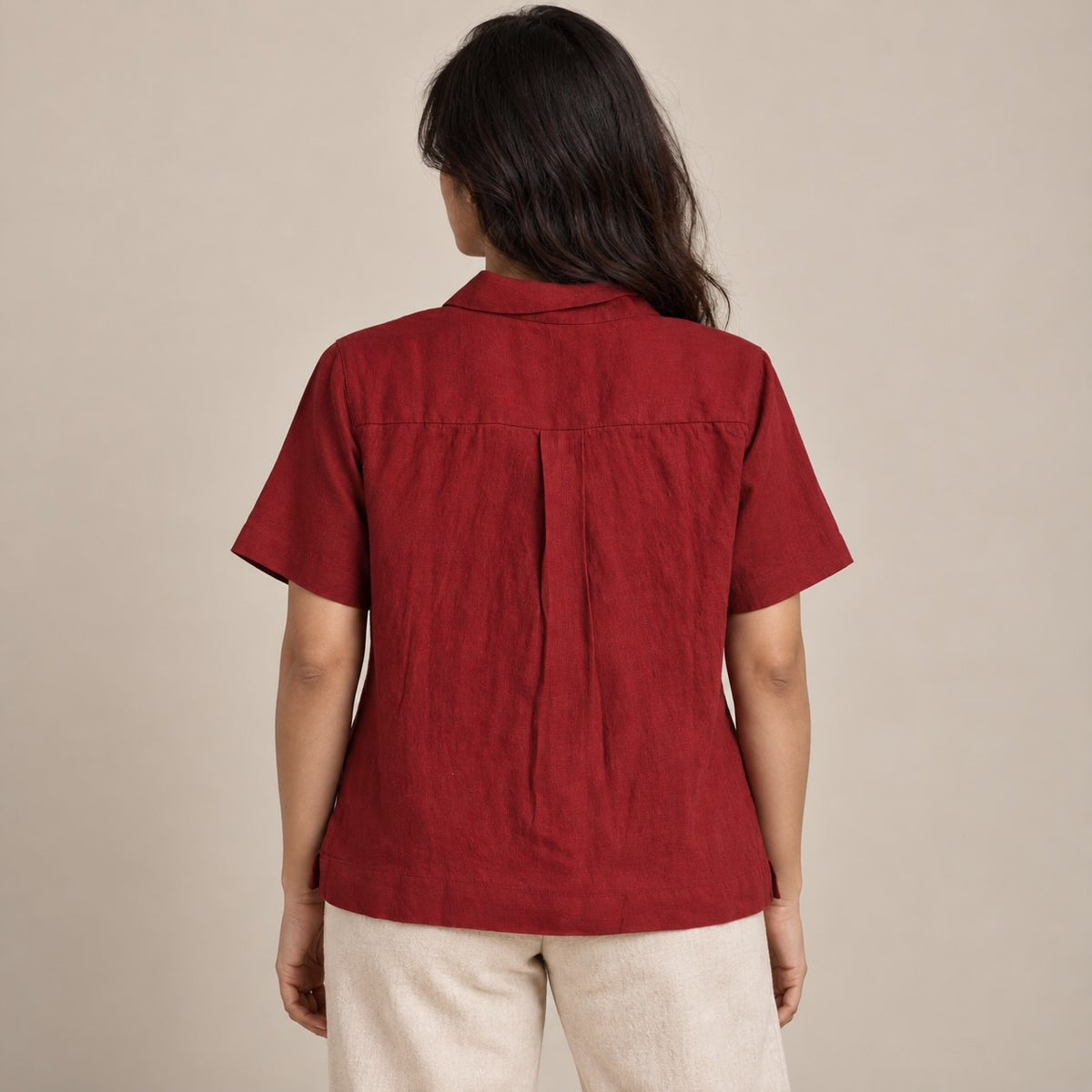 100% Pure Linen Open Collar Half Sleeve Shirt for Women - Maroon
