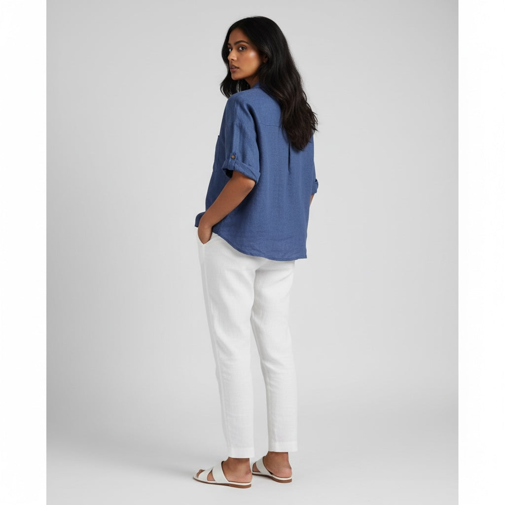 Oversize Boxy Crop Shirt - Women- 100% Premium Linen - Blue