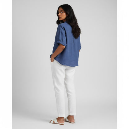 Oversize Boxy Crop Shirt - Women- 100% Premium Linen - Blue