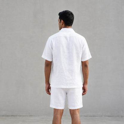 Linen Regular Collar Shirt & Shorts Set for Men- White
