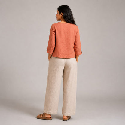 Linen Boat Neck Top for Women - Copper