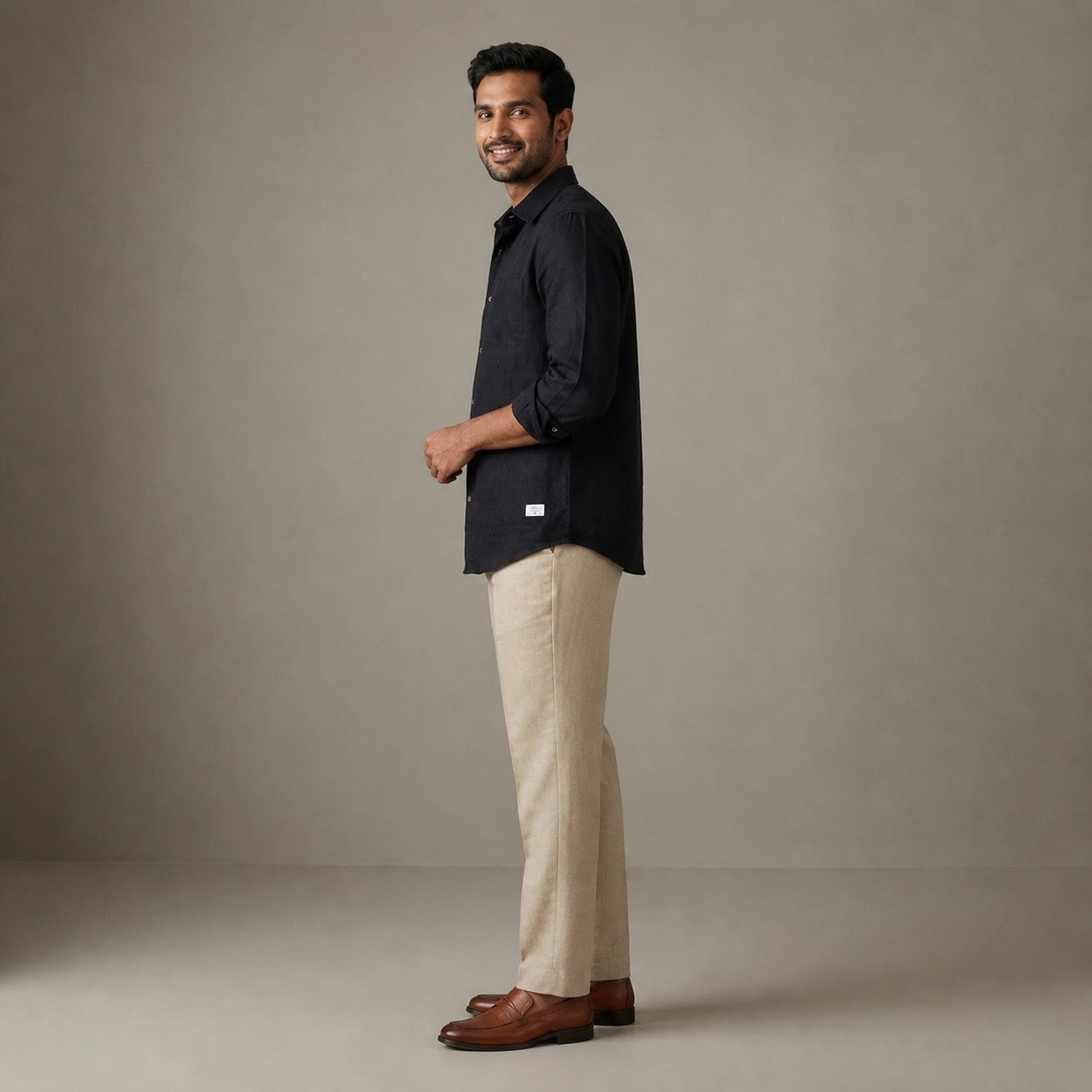 Linen Regular Collar Shirt for Men- Black