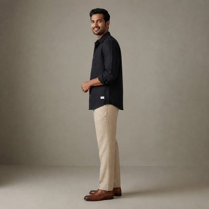 Linen Regular Collar Shirt for Men- Black