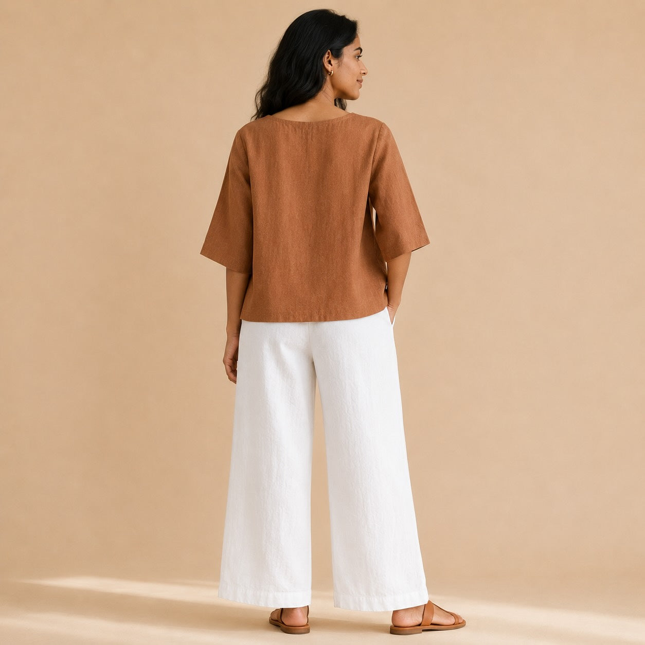 Linen Boat Neck Top- Brown