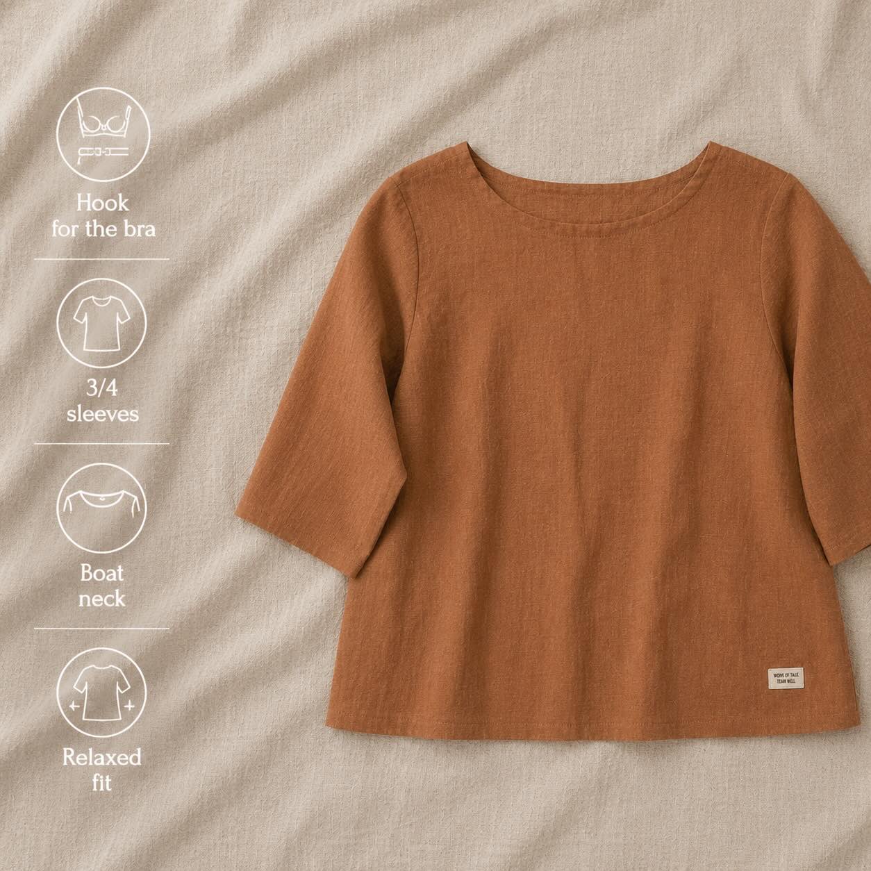 Linen Boat Neck Top- Brown