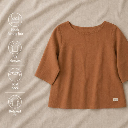 Linen Boat Neck Top- Brown