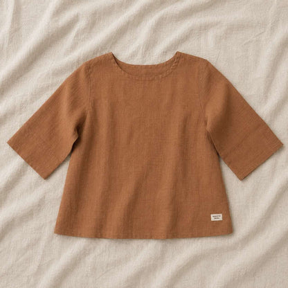 Linen Boat Neck Top- Brown