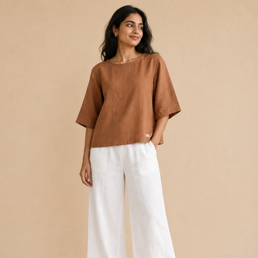 Linen Boat Neck Top for Women - Copper