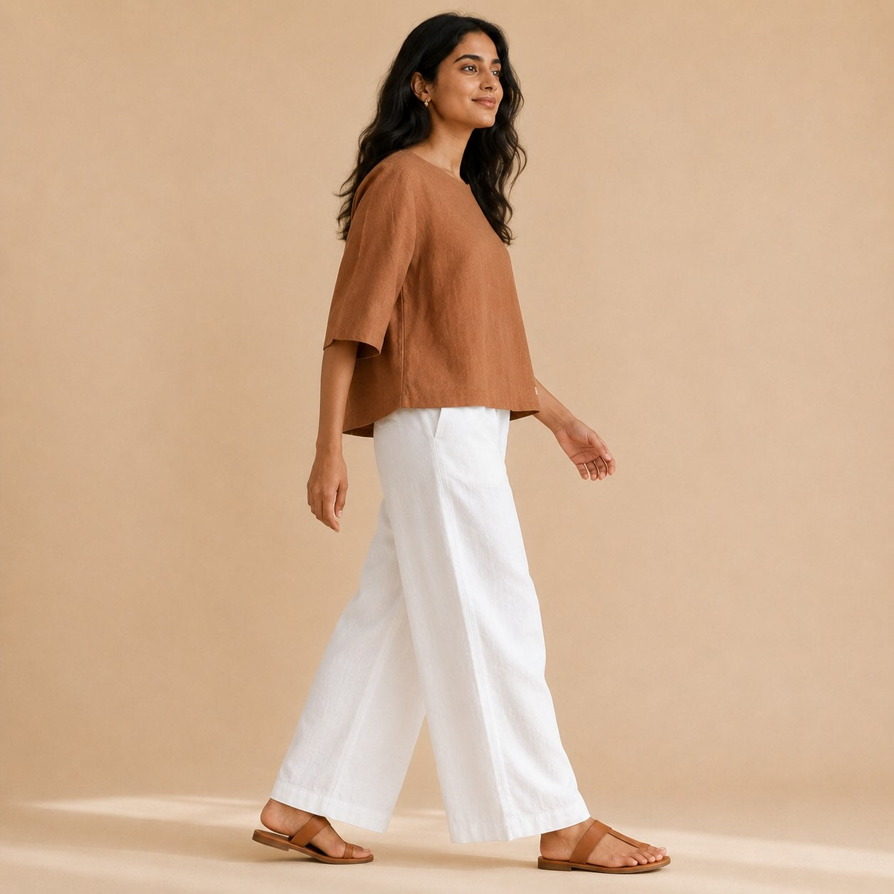 Linen Boat Neck Top- Brown