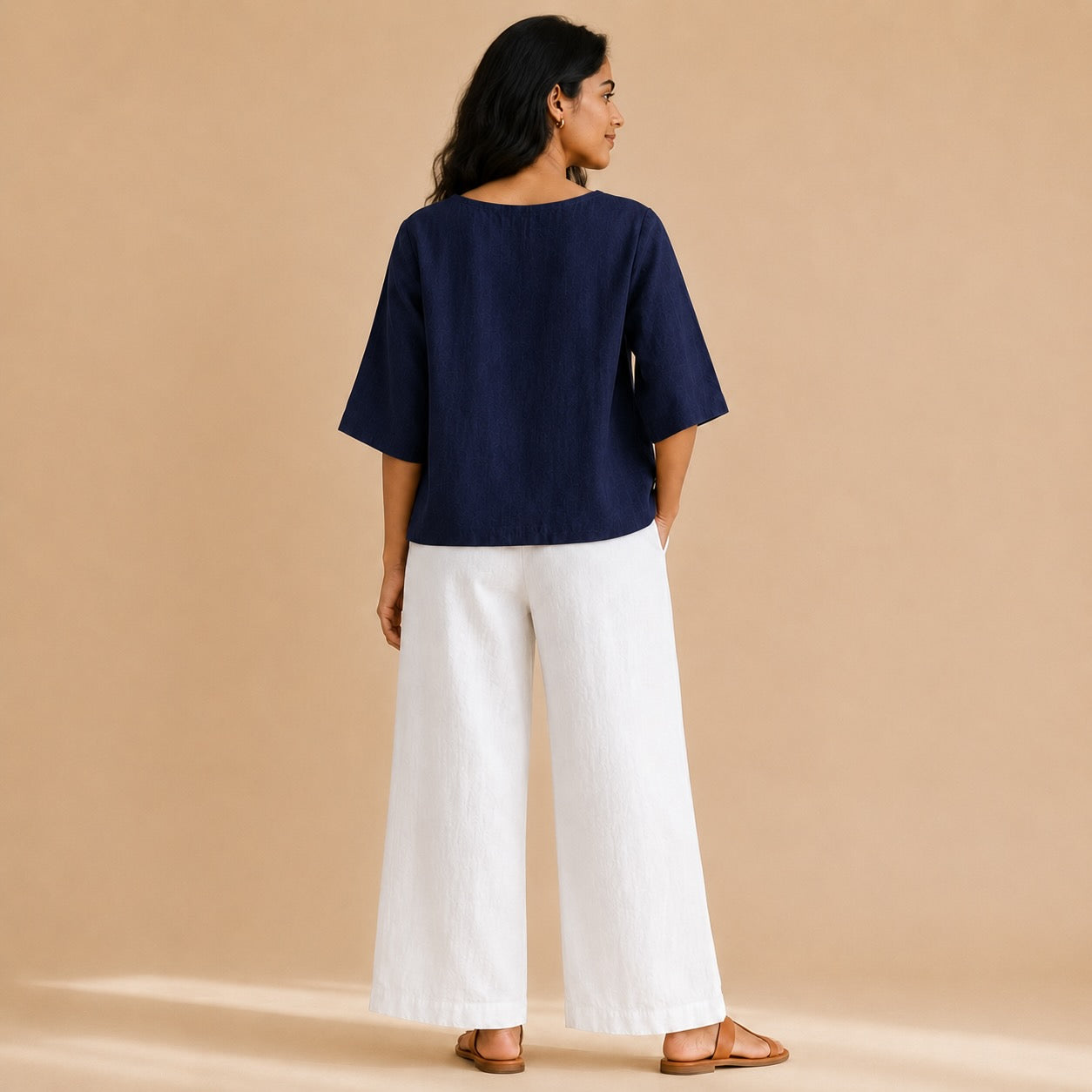Linen Boat Neck Top- Navy