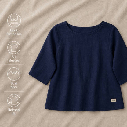 Linen Boat Neck Top- Navy