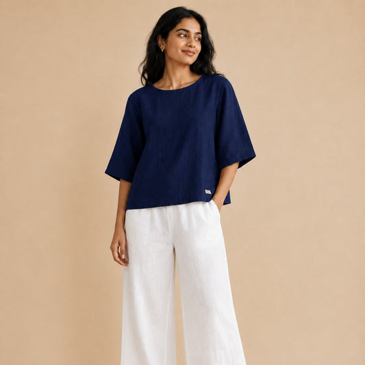 Linen Boat Neck Top for Women - Navy