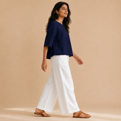 Linen Boat Neck Top- Navy