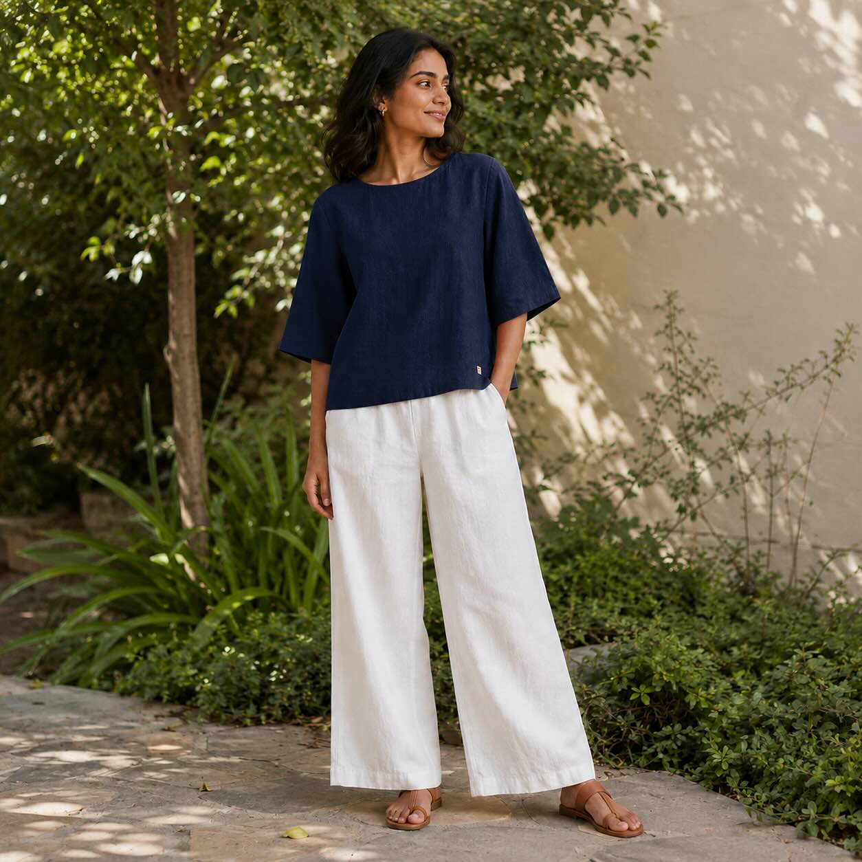 Linen Boat Neck Top- Navy