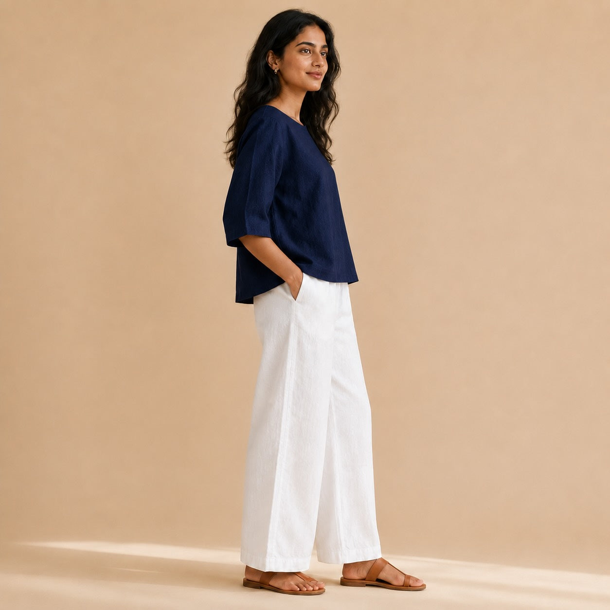 Linen Boat Neck Top- Navy