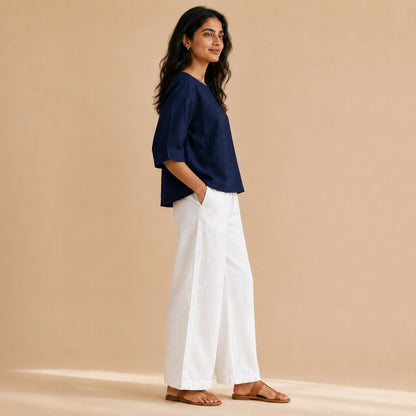Linen Boat Neck Top- Navy