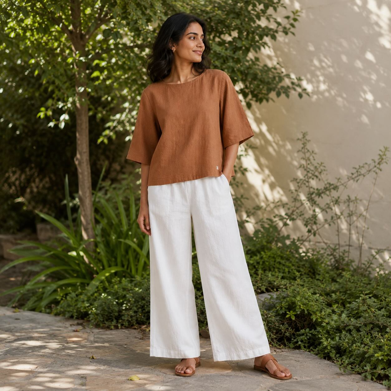 Linen Boat Neck Top- Brown