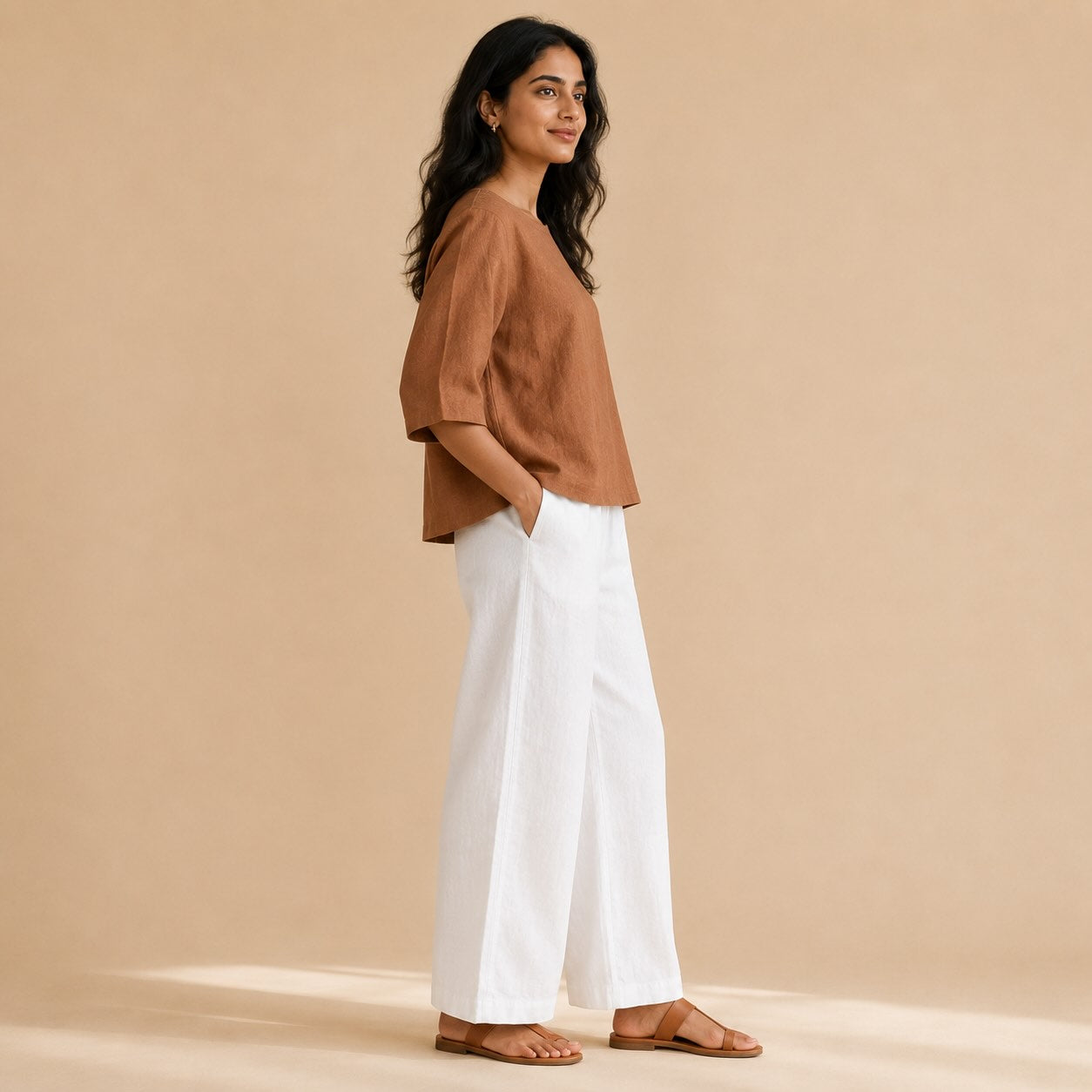 Linen Boat Neck Top- Brown