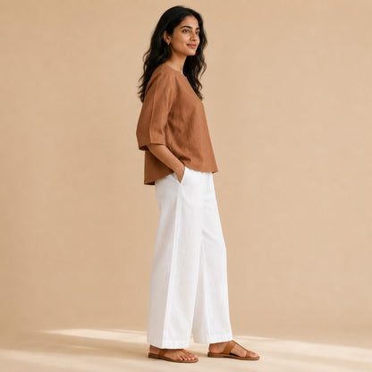 Linen Boat Neck Top- Brown