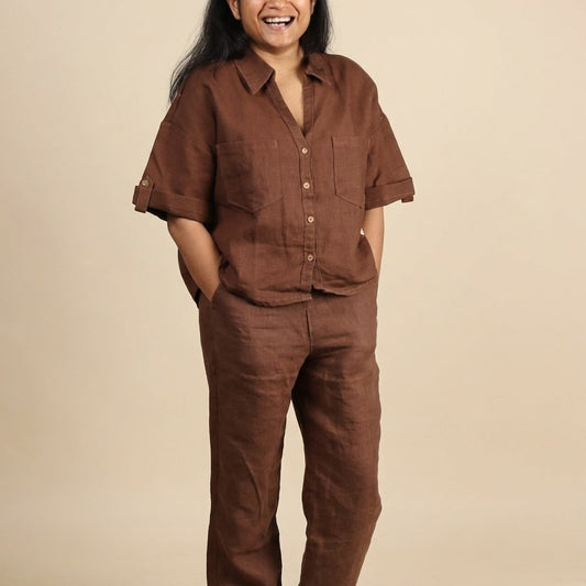 Linen Crop Shirt & Relaxed Fit Pants Set for Women- Brown