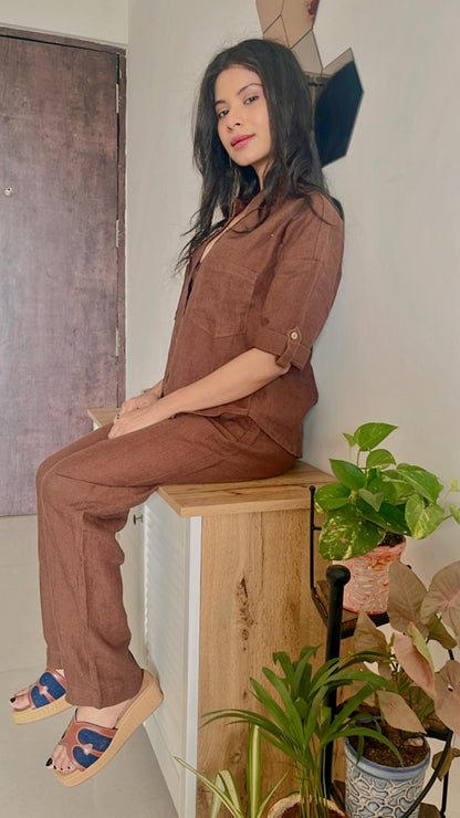 100% Premium Linen Co-ord Set ( Relaxed fit Pant and Boxy Shirt)-Brown and White