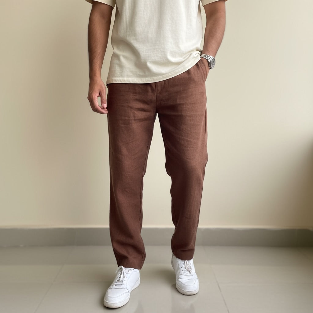 Relaxed fit pants- 100% Premium Linen - Men - Brown