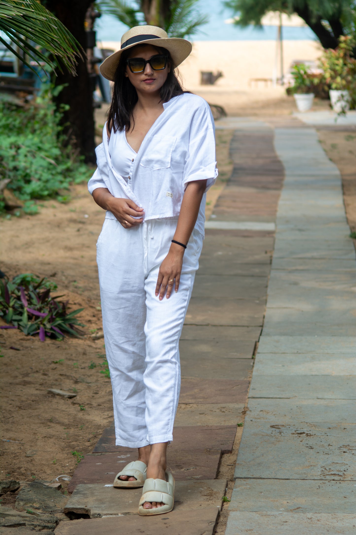 100% Premium Linen Co-ord Set ( Relaxed fit Pant and Boxy Shirt)-Brown and White